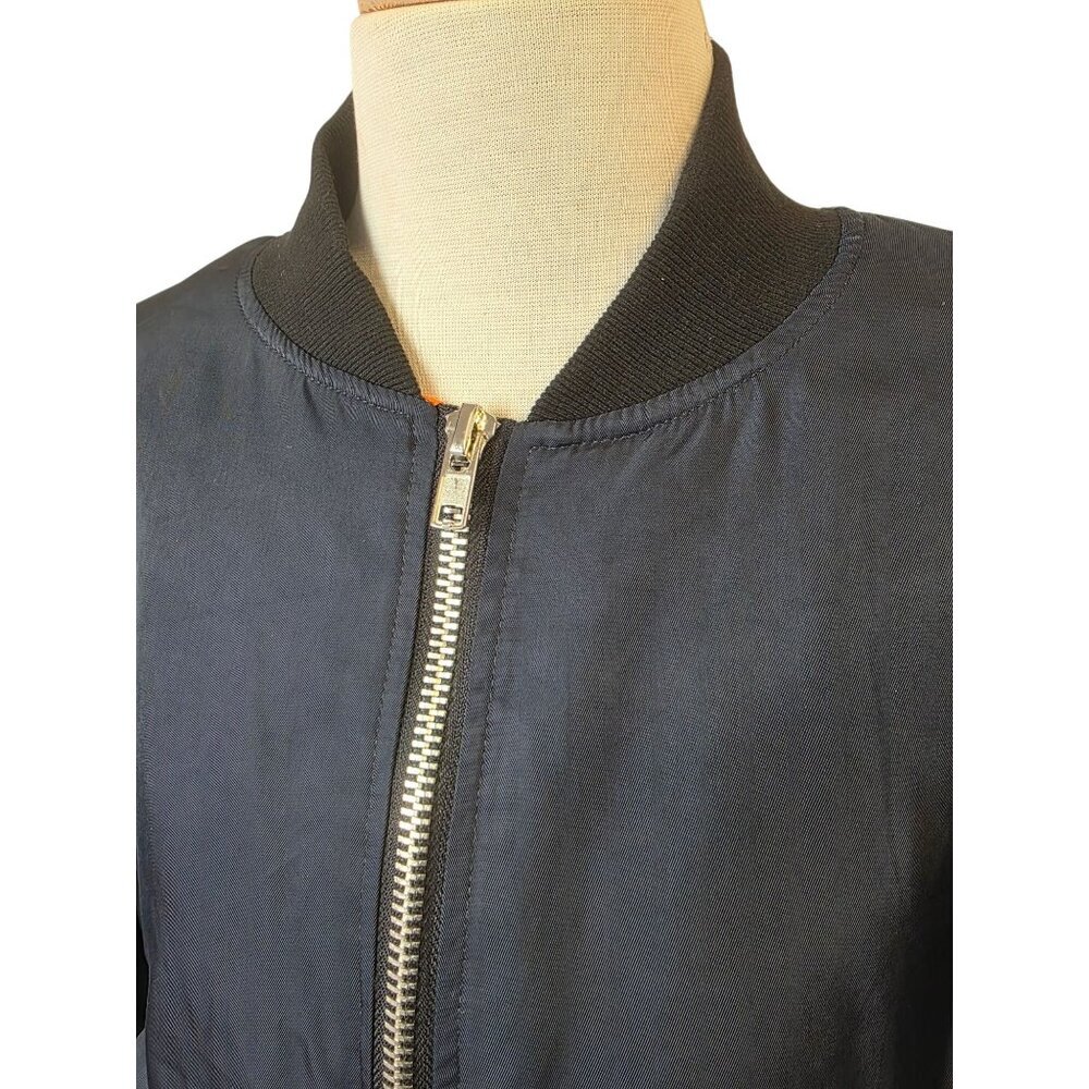 MABLE Ruffle Shoulder Bomber Jacket Womens Sz L Navy Silver Full Zip Cropped - Picture 13 of 13